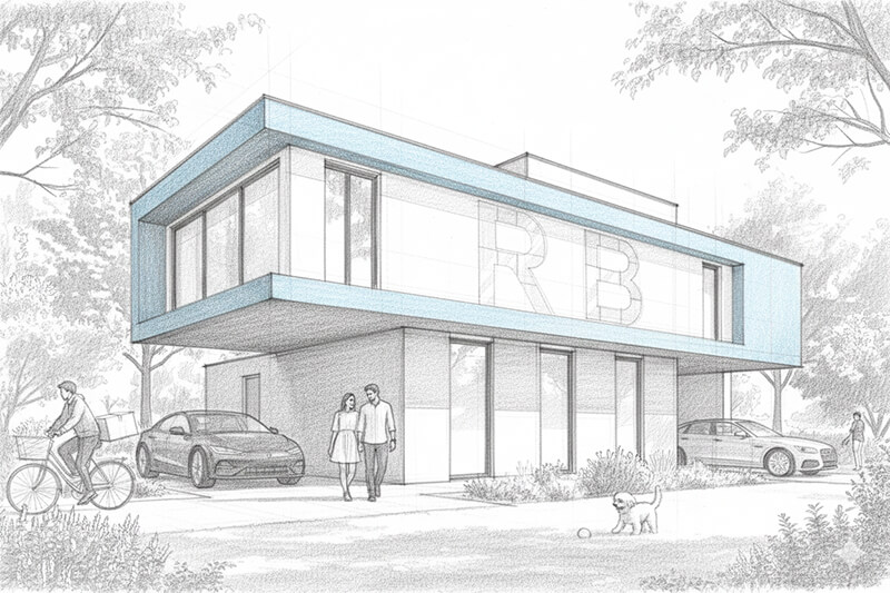 Mise en situation d’un projet architectural avec personnages et végétation